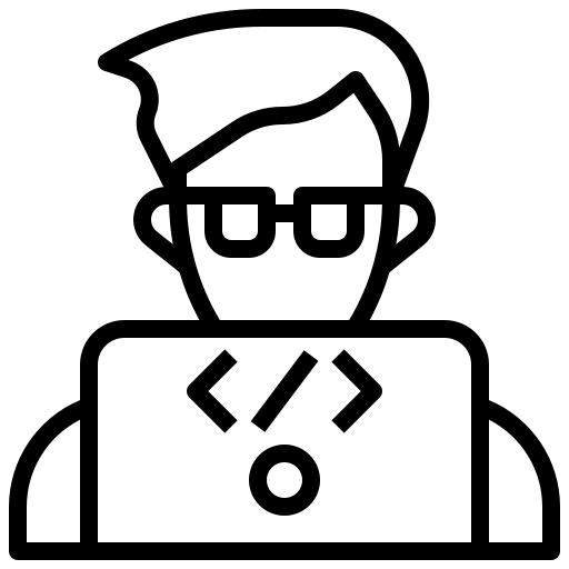 coding Icon einer Person mit Brille, die an einem Laptop mit Code-Symbolen arbeitet – Darstellung eines Entwicklers oder Programmierers